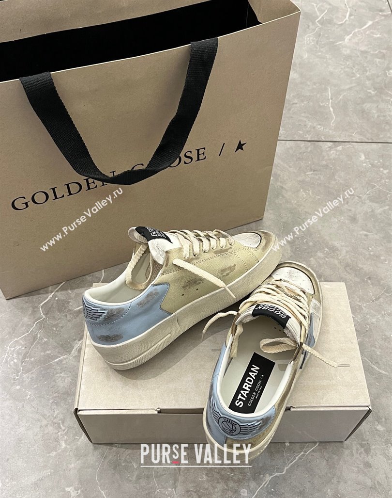 Golden Goose Stardan sneakers in white and gold leather with blue star and heel tab 2024 (13-240105022)