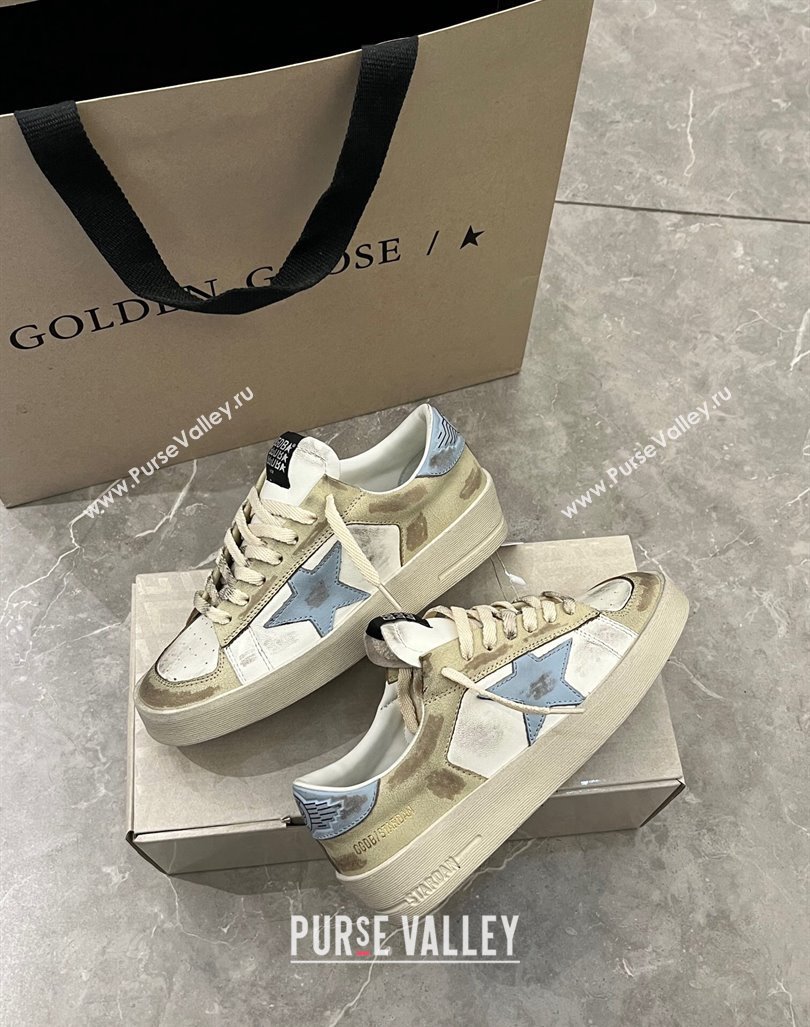 Golden Goose Stardan sneakers in white and gold leather with blue star and heel tab 2024 (13-240105022)