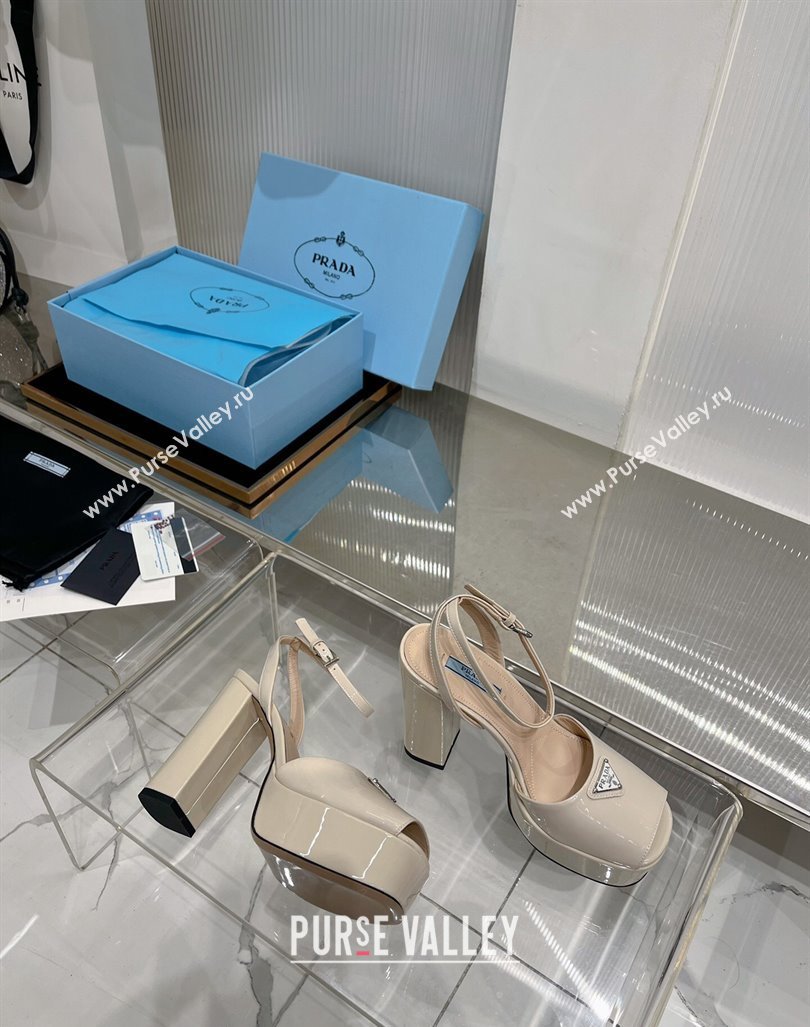 Prada Patent Leather High Heel Platform Sandals 12cm Light Nude 2024 PR010401 (ZN-240104101)