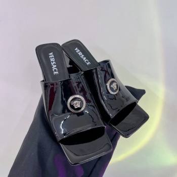 Versace Patent Leather Heel Slide Sandals 6cm Black 2024 VE120501 (ZN-240103007)