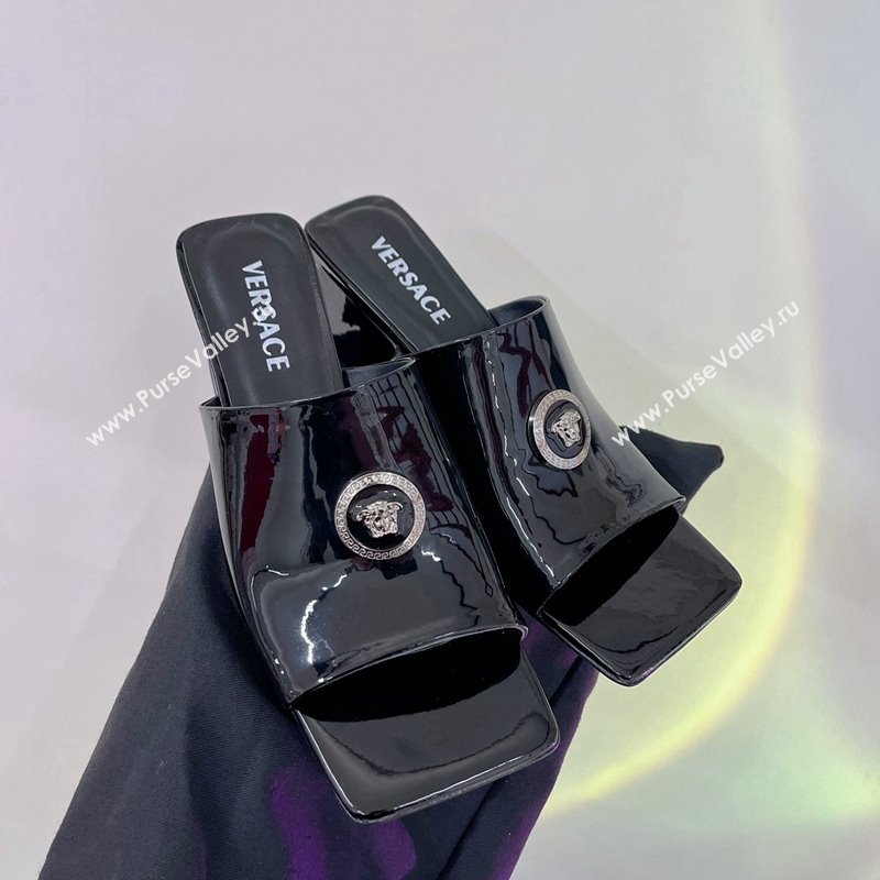 Versace Patent Leather Heel Slide Sandals 6cm Black 2024 VE120501 (ZN-240103007)