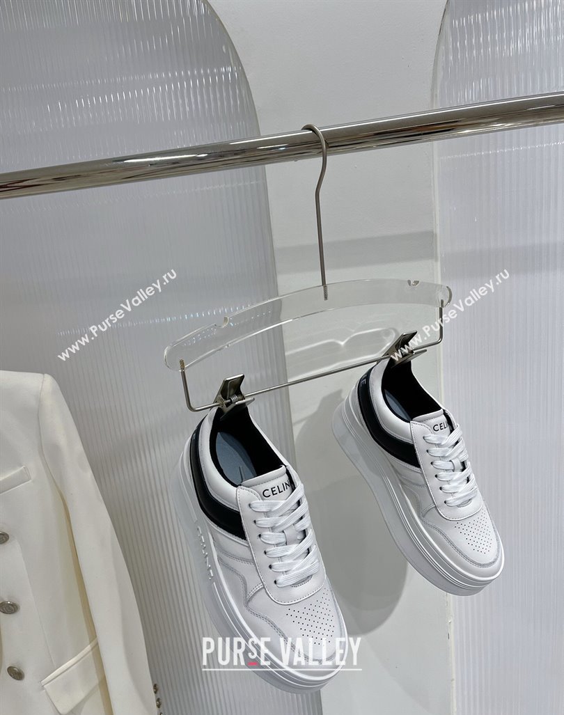 Celine Trainer Platform Lace-up Sneakers 5.5cm in Calfskin Leather White/Black 2024 (ZN-240103119)