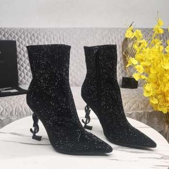 Saint Laurent YSL Heel Crystal Allover Ankle Boots8.5cm Black 2023 ysl09112 (KL-23091162)