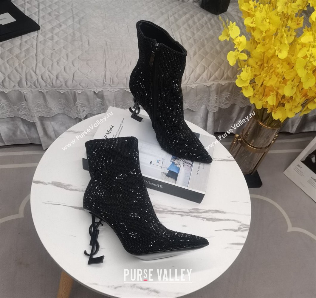 Saint Laurent YSL Heel Crystal Allover Ankle Boots8.5cm Black 2023 ysl09112 (KL-23091162)