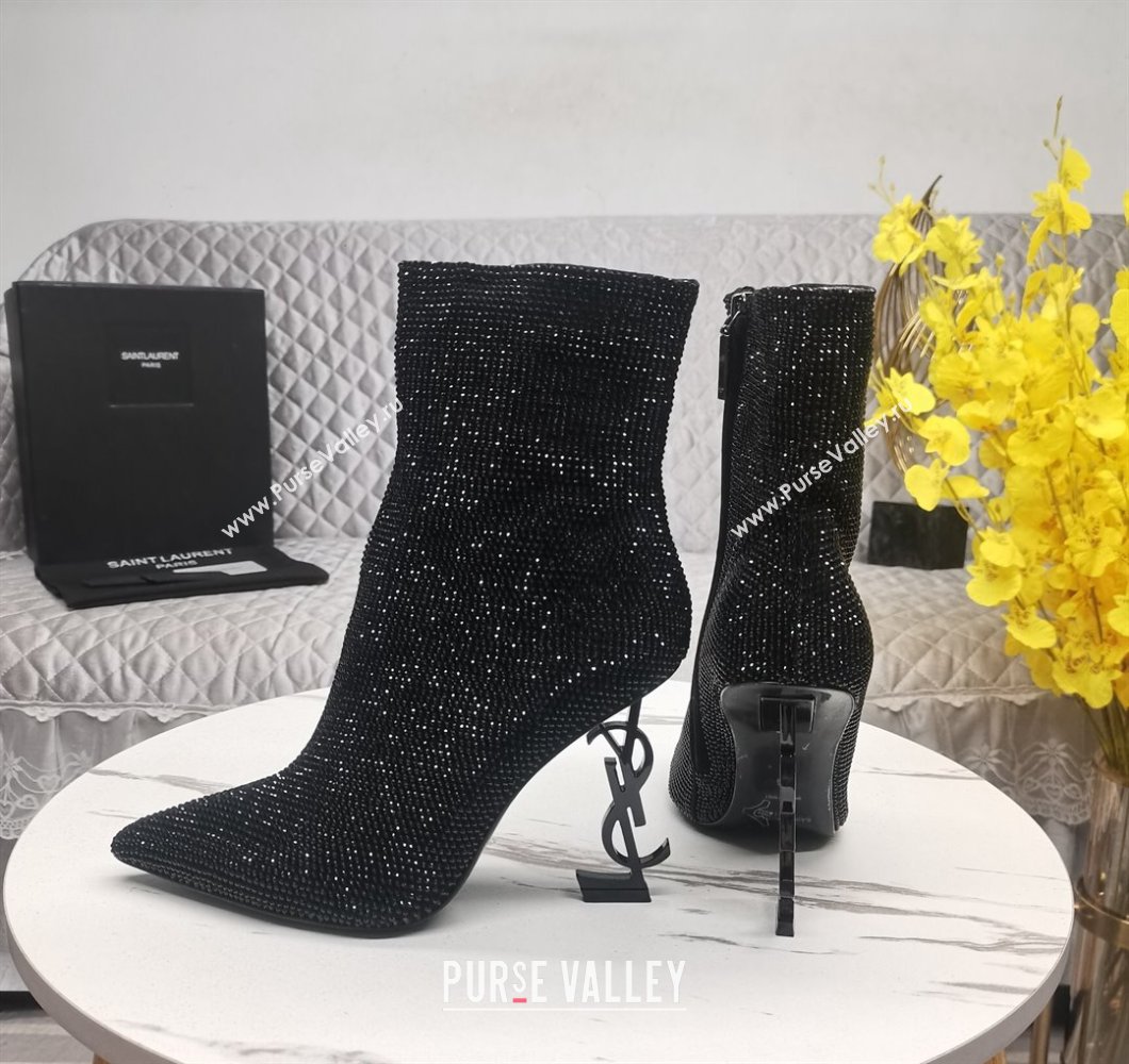 Saint Laurent YSL Heel Crystal Allover Ankle Boots8.5cm Black 2023 ysl09112 (KL-23091162)