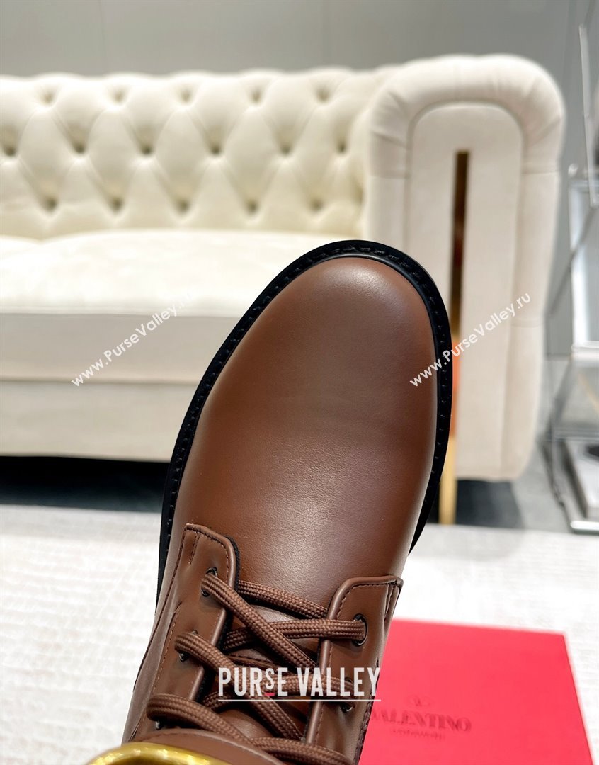 Valentino VLogo Signature Combat Ankle Boots in Leather and Toile Iconographe Fabric Brown 2023 VLTN08284 (XL-230910121)