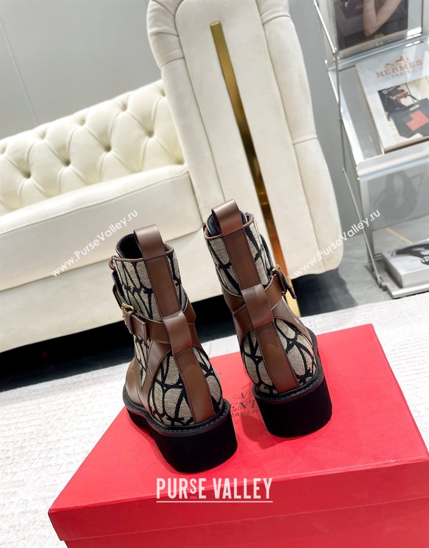 Valentino VLogo Signature Combat Ankle Boots in Leather and Toile Iconographe Fabric Brown 2023 VLTN08284 (XL-230910121)