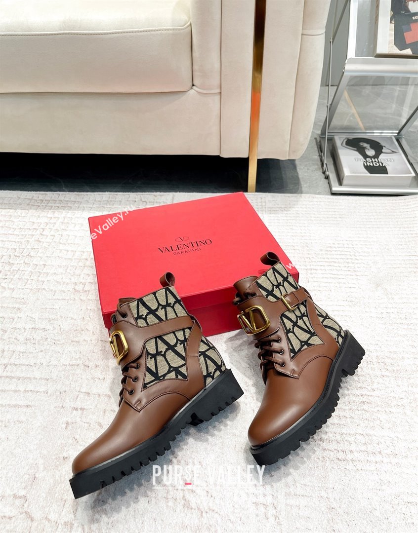 Valentino VLogo Signature Combat Ankle Boots in Leather and Toile Iconographe Fabric Brown 2023 VLTN08284 (XL-230910121)