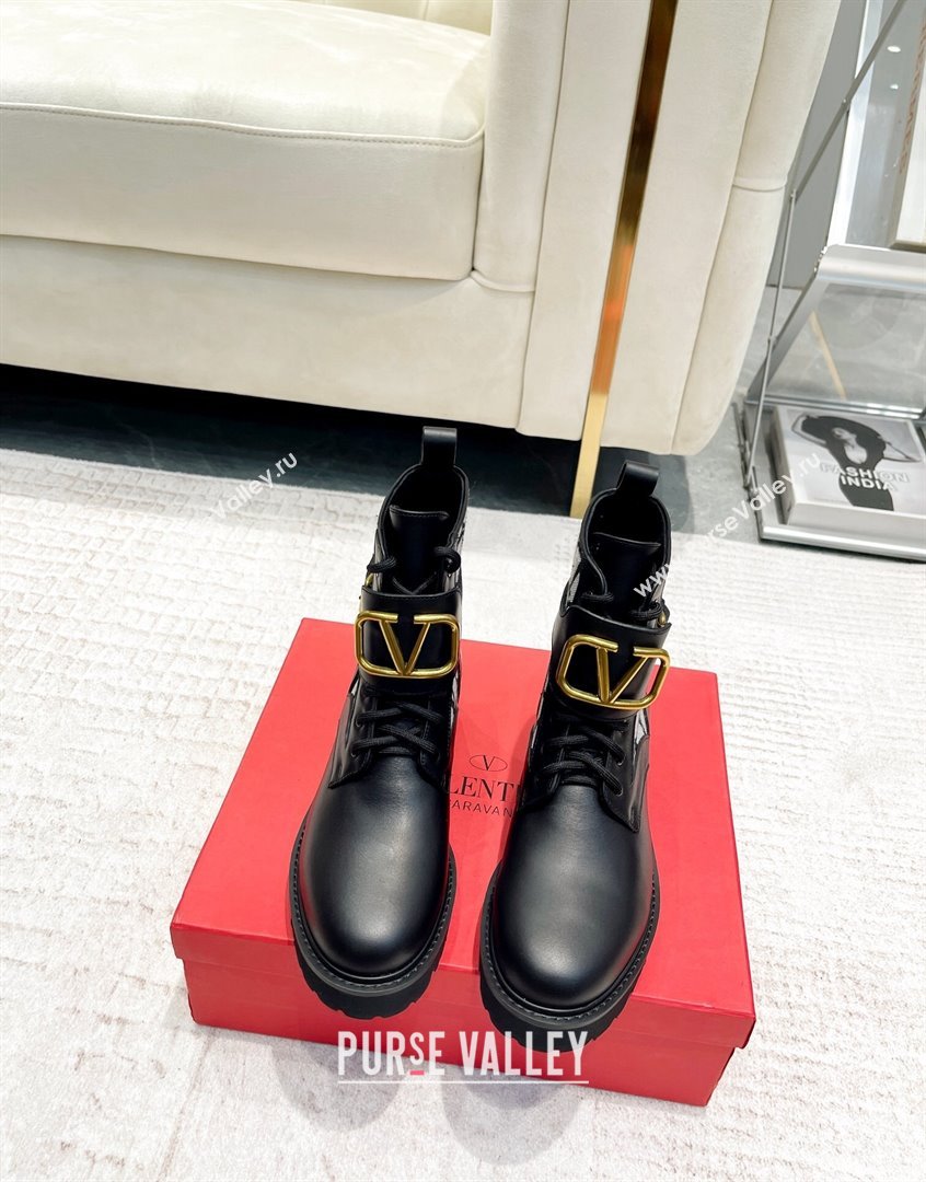 Valentino VLogo Signature Combat Ankle Boots in Calfskin and Toile Iconographe Fabric Black/Grey 2023 VLTN08284 (XL-230910122)