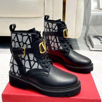 Valentino VLogo Signature Combat Ankle Boots in Calfskin and Toile Iconographe Fabric Black/Grey 2023 VLTN08284 (XL-230910122)