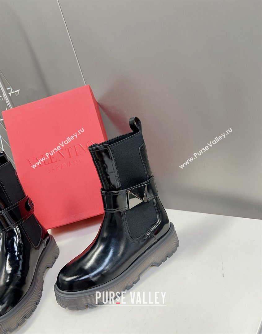 Valentino One Stud Beatle Ankle Boots in Shiny Calfskin Black 2023 VLTN09113 (MD-230910123)