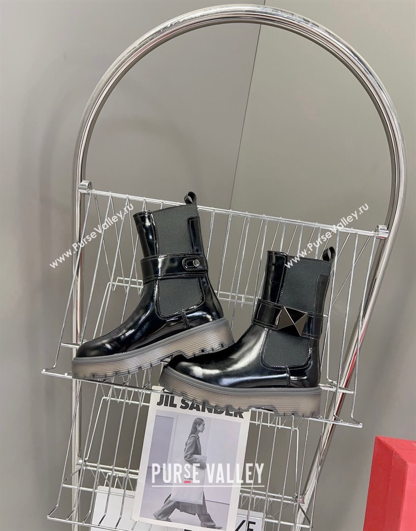 Valentino One Stud Beatle Ankle Boots in Shiny Calfskin Black 2023 VLTN09113 (MD-230910123)