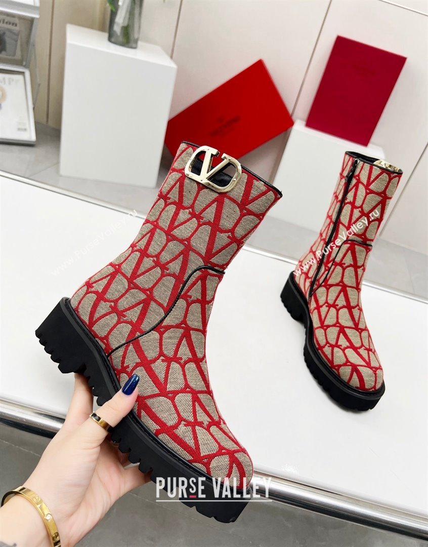 Valentino VLogo Type Ankle Boots in Toile Iconographe Fabric Red 2023 VLTN09111 (MD-230910113)