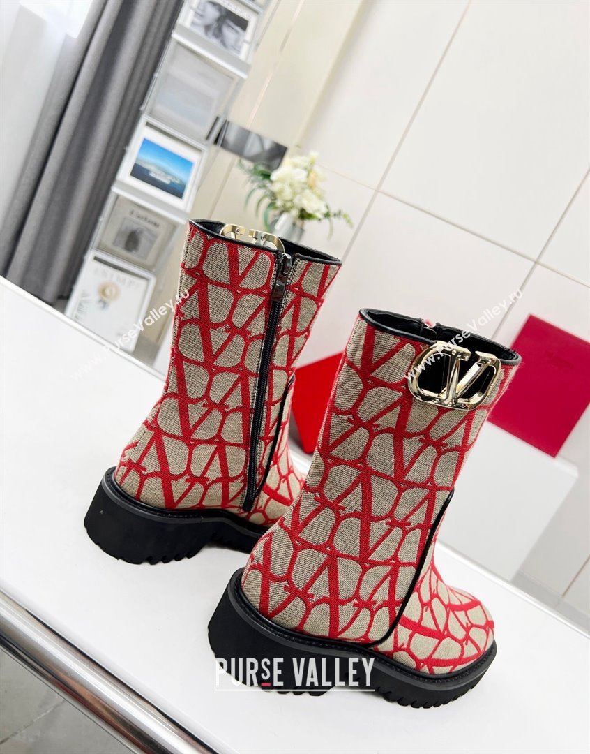 Valentino VLogo Type Ankle Boots in Toile Iconographe Fabric Red 2023 VLTN09111 (MD-230910113)