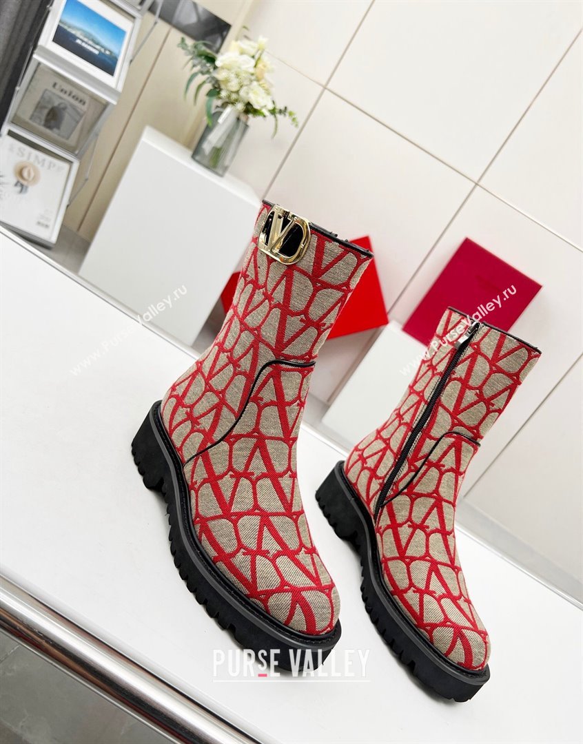 Valentino VLogo Type Ankle Boots in Toile Iconographe Fabric Red 2023 VLTN09111 (MD-230910113)