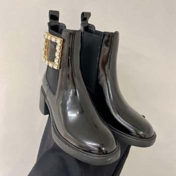 Roger Vivier Viv Rangers Strass Buckle Chelsea Boots 6cm in Patent Leather Black 2023 RV09111 (ZN-23091188)