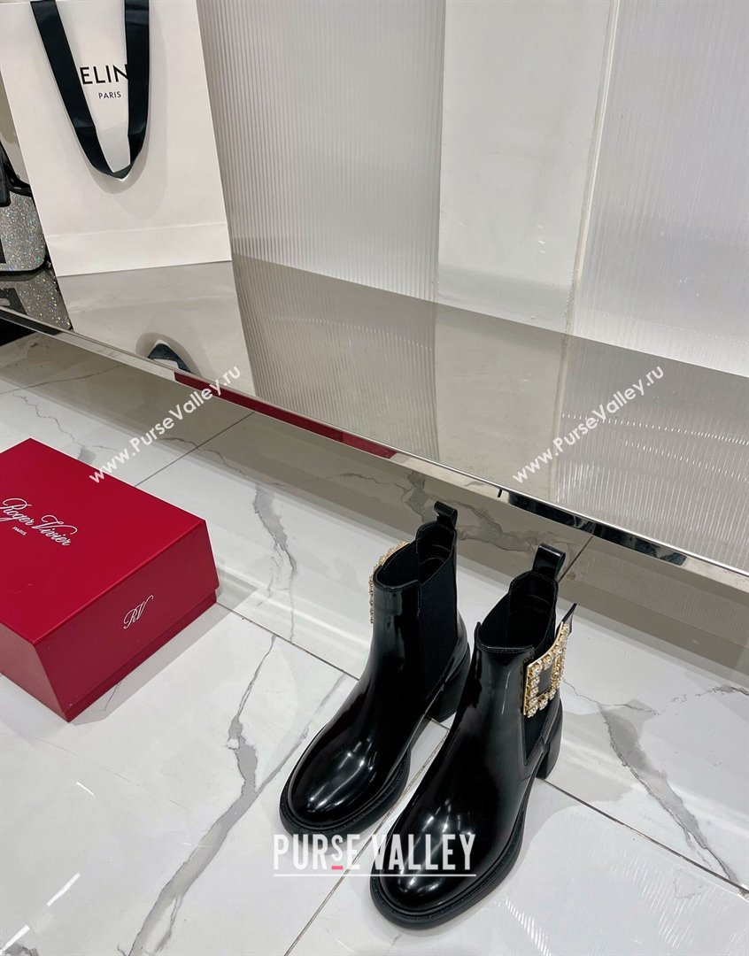 Roger Vivier Viv Rangers Strass Buckle Chelsea Boots 6cm in Patent Leather Black 2023 RV09111 (ZN-23091188)