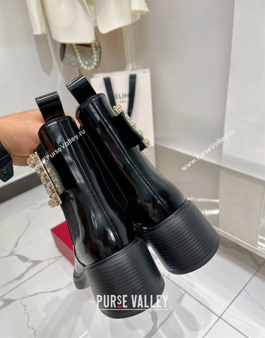 Roger Vivier Viv Rangers Strass Buckle Chelsea Boots 6cm in Patent Leather Black 2023 RV09111 (ZN-23091188)