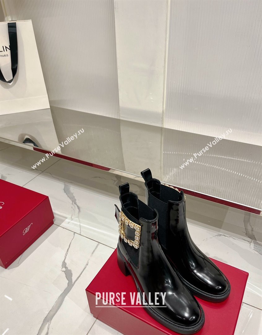 Roger Vivier Viv Rangers Strass Buckle Chelsea Boots 6cm in Patent Leather Black 2023 RV09111 (ZN-23091188)