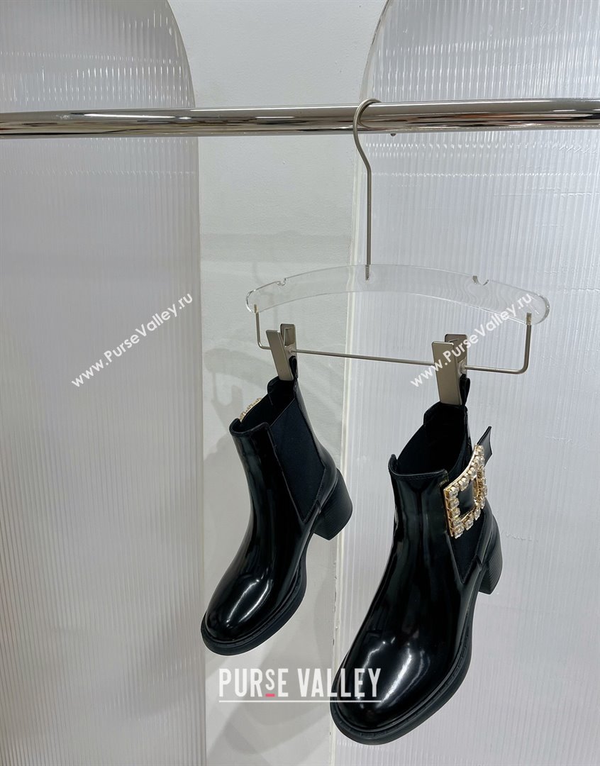 Roger Vivier Viv Rangers Strass Buckle Chelsea Boots 6cm in Patent Leather Black 2023 RV09111 (ZN-23091188)