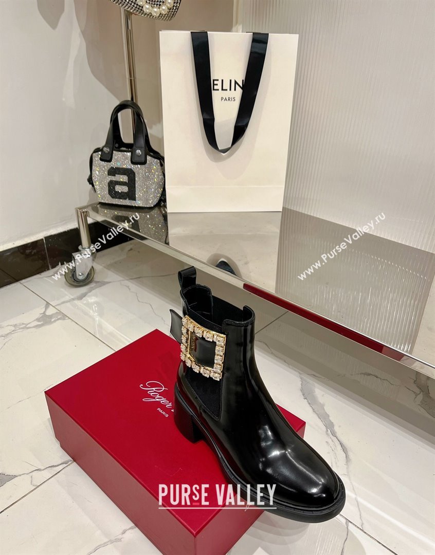 Roger Vivier Viv Rangers Strass Buckle Chelsea Boots 6cm in Patent Leather Black 2023 RV09111 (ZN-23091188)