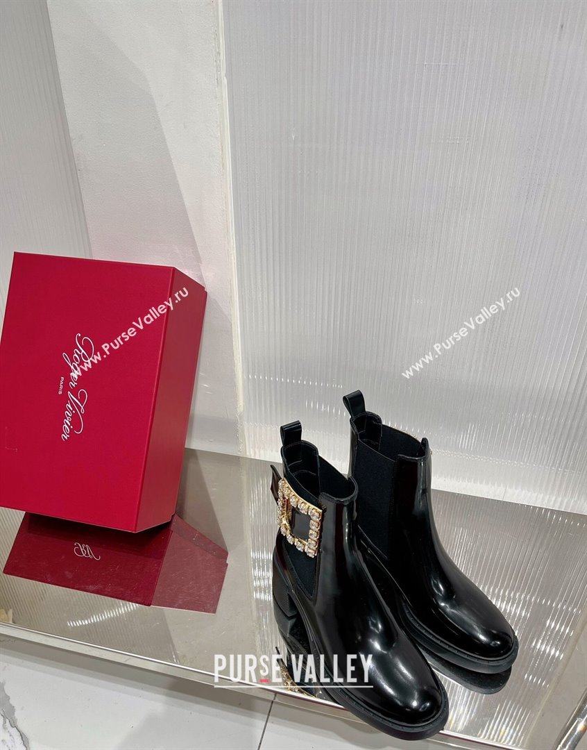 Roger Vivier Viv Rangers Strass Buckle Chelsea Boots 6cm in Patent Leather Black 2023 RV09111 (ZN-23091188)