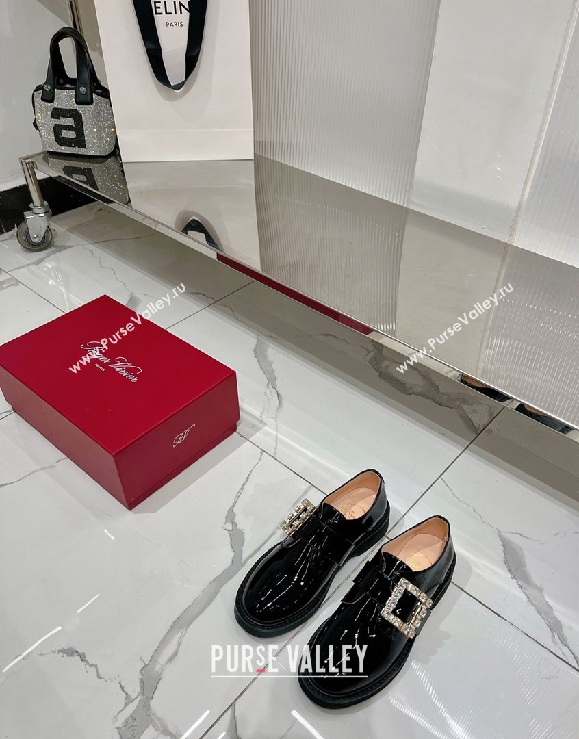 Roger Vivier Viv Rangers Strass Buckle Monkstraps Loafers in Patent Leather Black 2023 RV09111 (ZN-23091189)