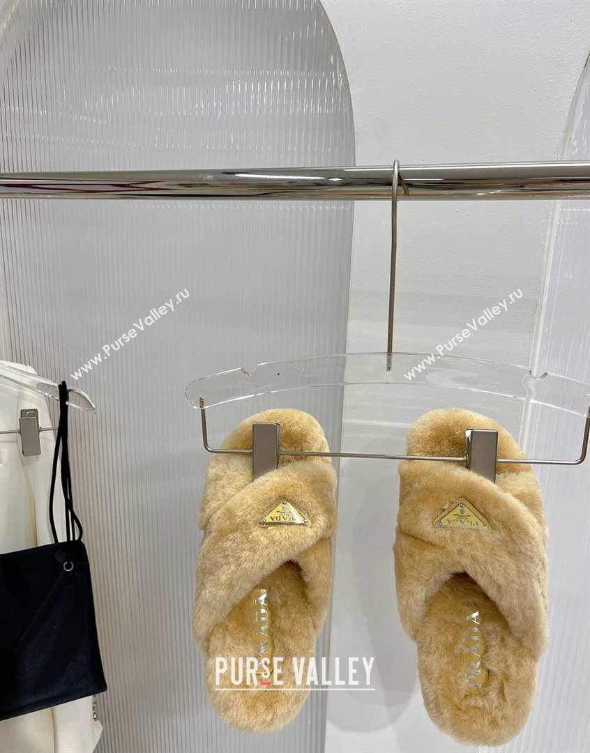 Prada Wool Flat Slide Sandals with Cross Strap Yellow 2023 PR09112 (ZN-23091199)