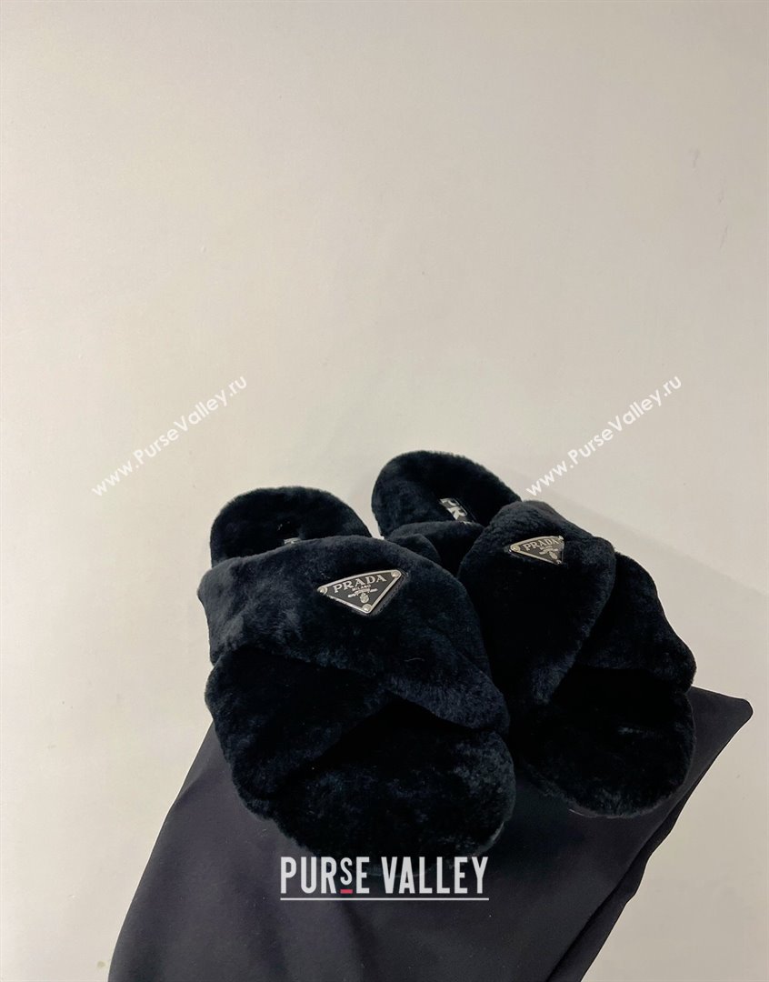 Prada Wool Flat Slide Sandals with Cross Strap Black 2023 PR09112 (ZN-230911100)