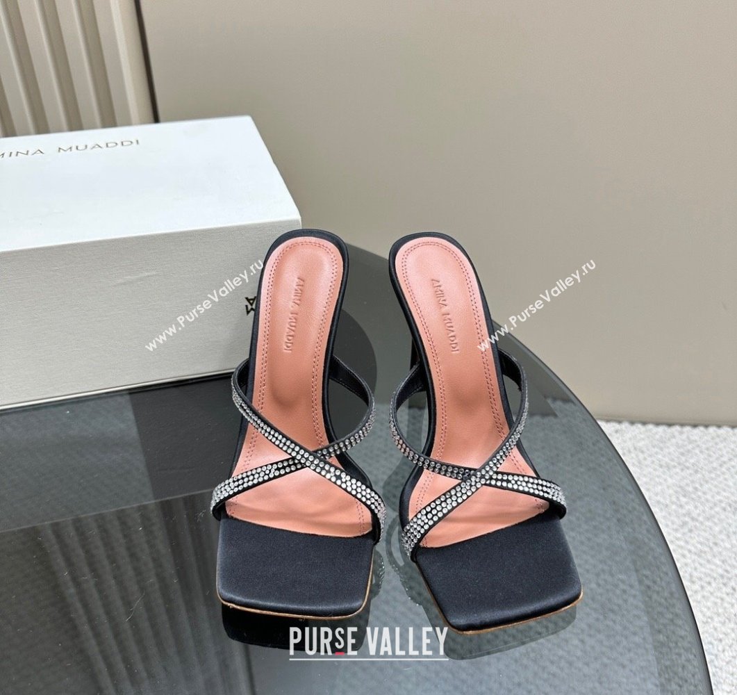 Amina Muaddi Adriana Crystal Slide Sandals 10.5cm in Satin Black 2023 AM09111 (MD-23091163)