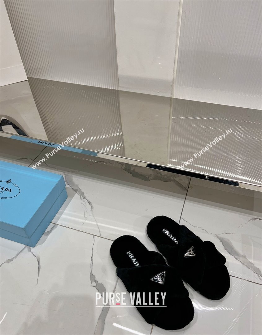 Prada Wool Flat Slide Sandals with Cross Strap Black 2023 PR09112 (ZN-230911100)