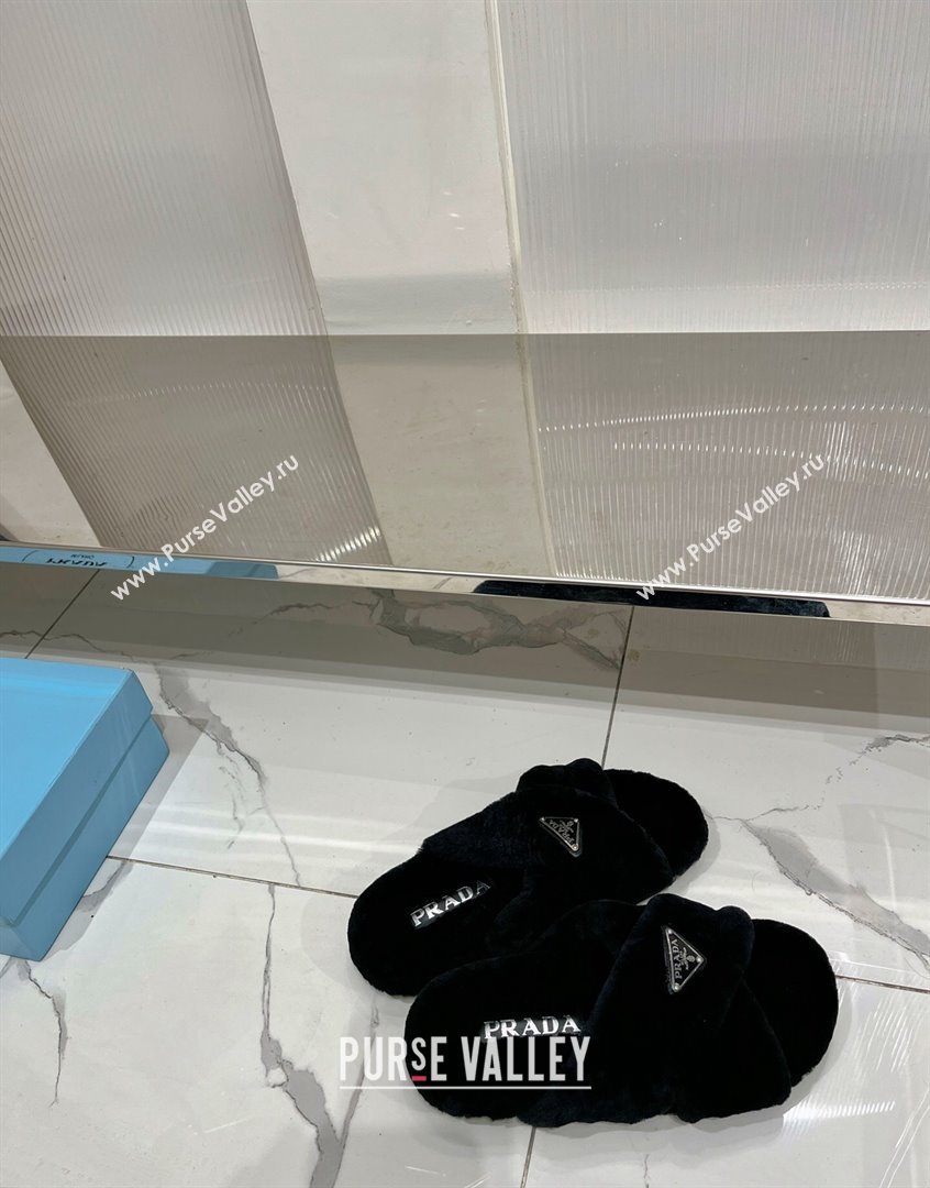 Prada Wool Flat Slide Sandals with Cross Strap Black 2023 PR09112 (ZN-230911100)