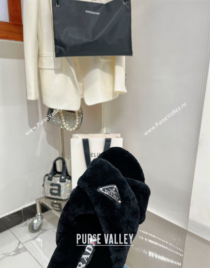 Prada Wool Flat Slide Sandals with Cross Strap Black 2023 PR09112 (ZN-230911100)