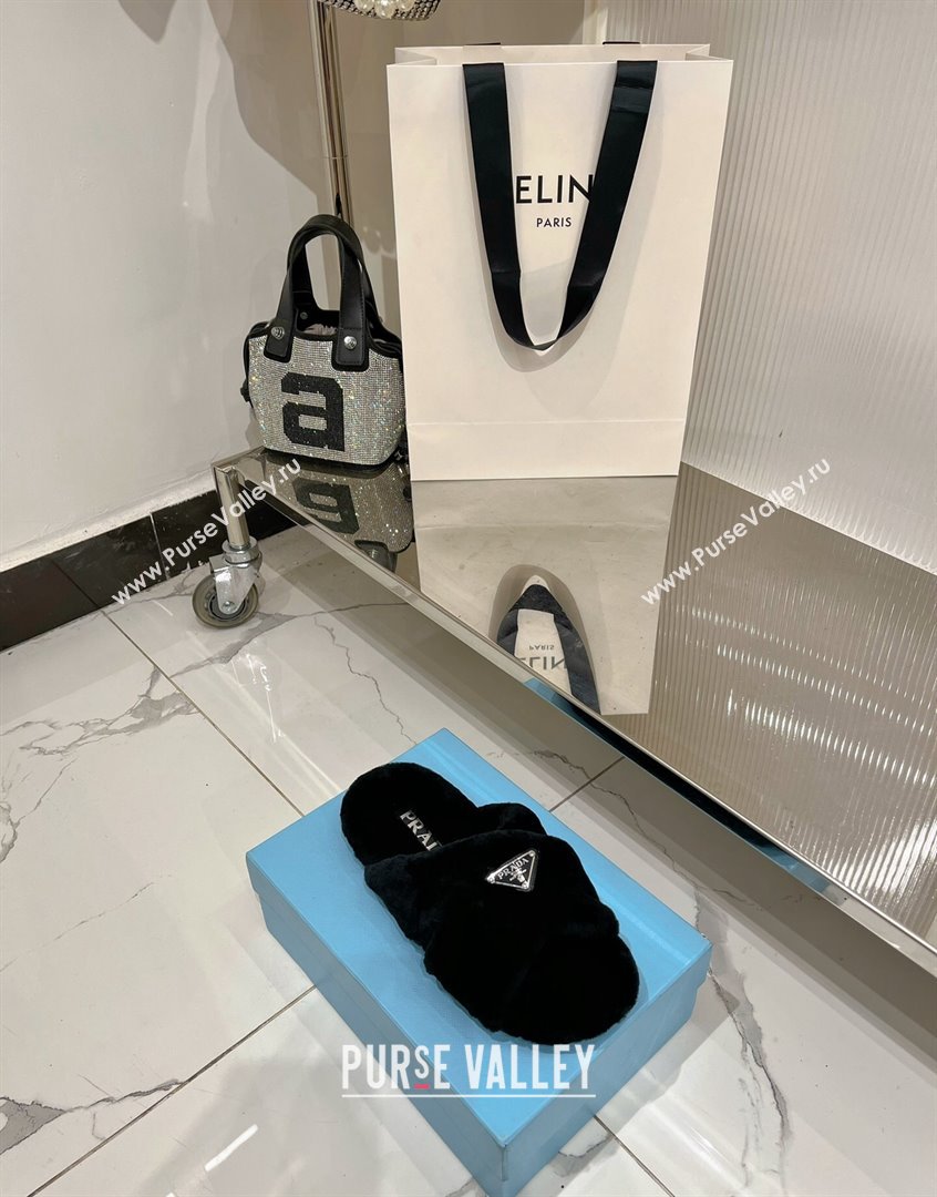 Prada Wool Flat Slide Sandals with Cross Strap Black 2023 PR09112 (ZN-230911100)