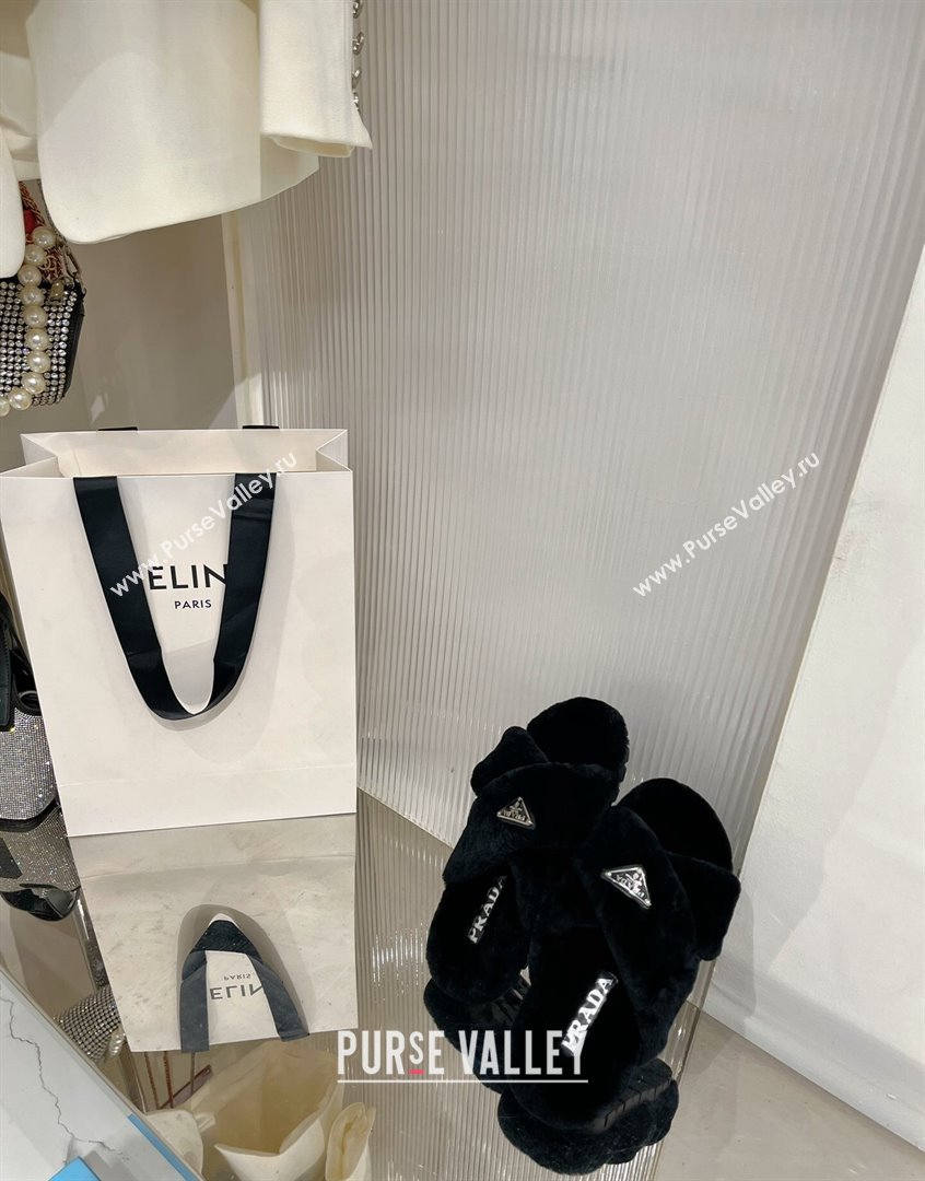 Prada Wool Flat Slide Sandals with Cross Strap Black 2023 PR09112 (ZN-230911100)