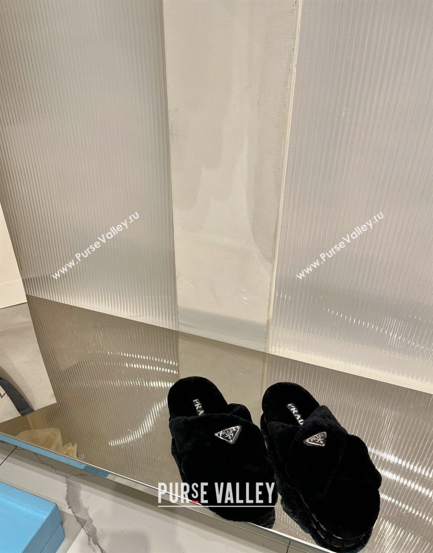 Prada Wool Flat Slide Sandals with Cross Strap Black 2023 PR09112 (ZN-230911100)