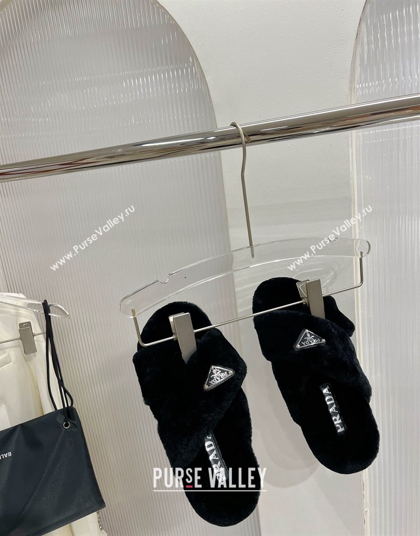 Prada Wool Flat Slide Sandals with Cross Strap Black 2023 PR09112 (ZN-230911100)
