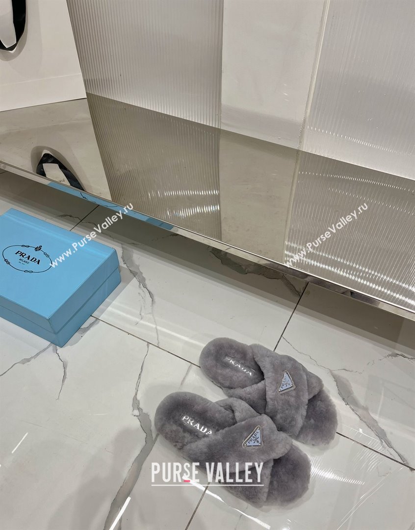 Prada Wool Flat Slide Sandals with Cross Strap Grey 2023 PR09112 (ZN-230911101)