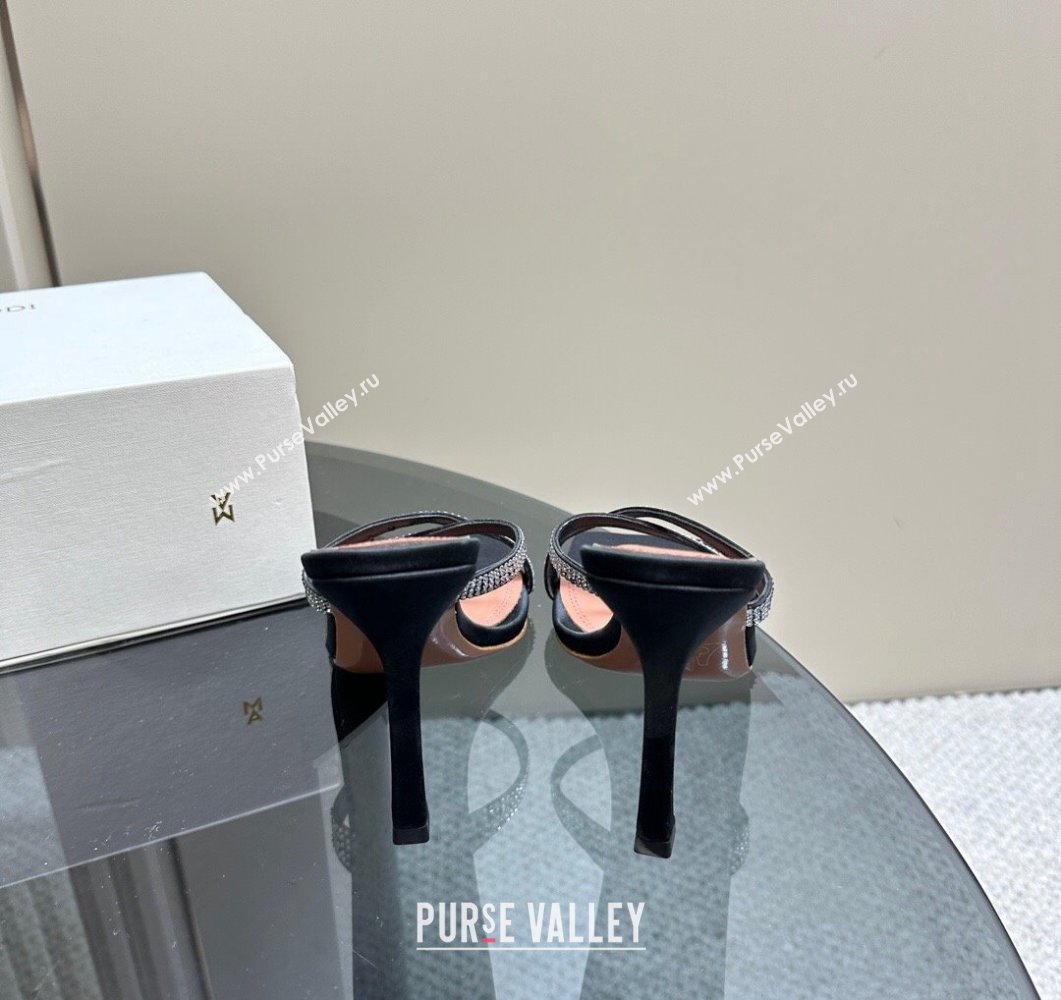 Amina Muaddi Adriana Crystal Slide Sandals 10.5cm in Satin Black 2023 AM09111 (MD-23091163)