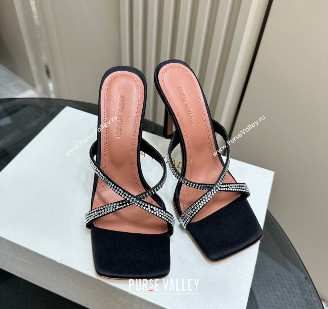 Amina Muaddi Adriana Crystal Slide Sandals 10.5cm in Satin Black 2023 AM09111 (MD-23091163)