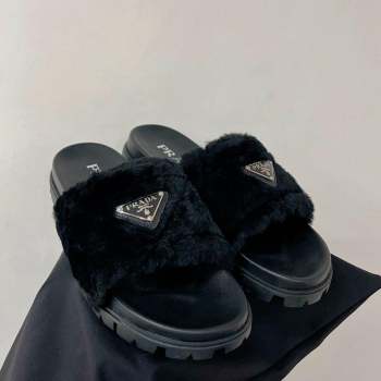 Prada Wool Flat Slide Sandals with Logo Black 2023 PR09112 (ZN-230911103)