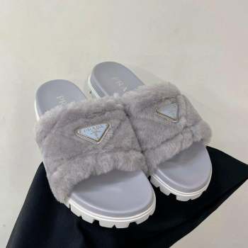 Prada Wool Flat Slide Sandals with Logo Grey 2023 PR09112 (ZN-230911106)