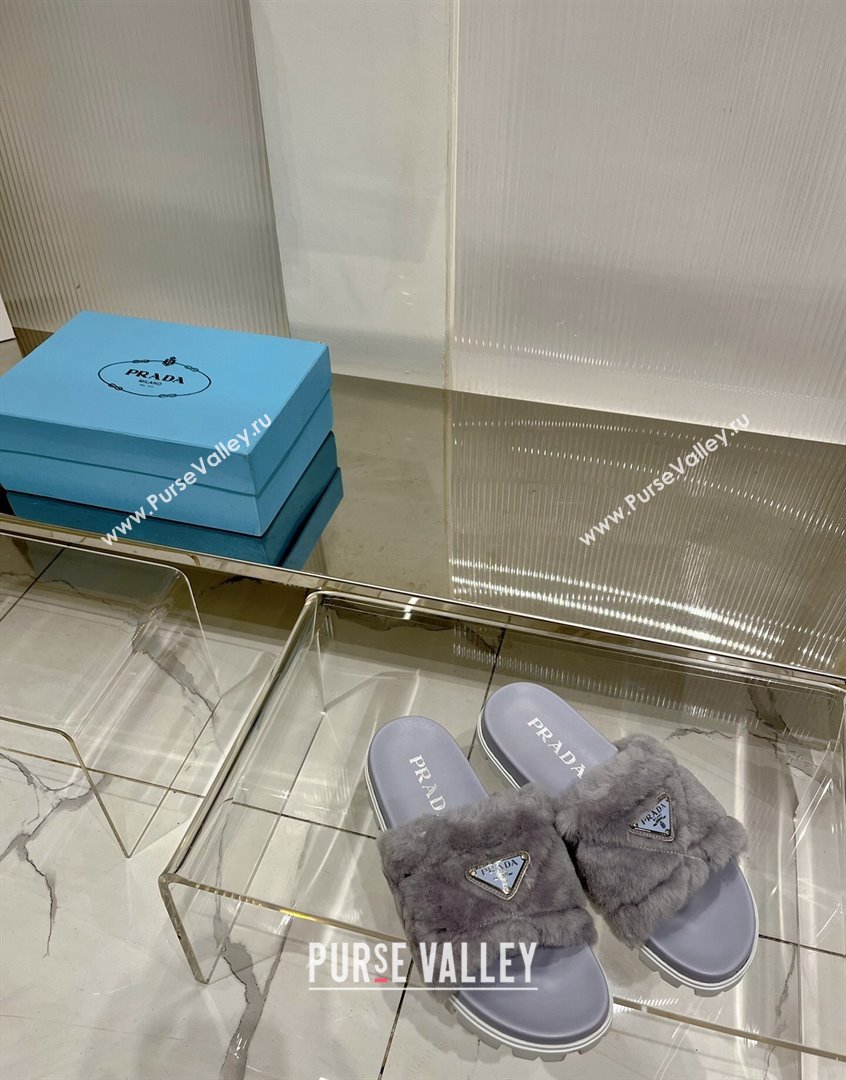 Prada Wool Flat Slide Sandals with Logo Grey 2023 PR09112 (ZN-230911106)