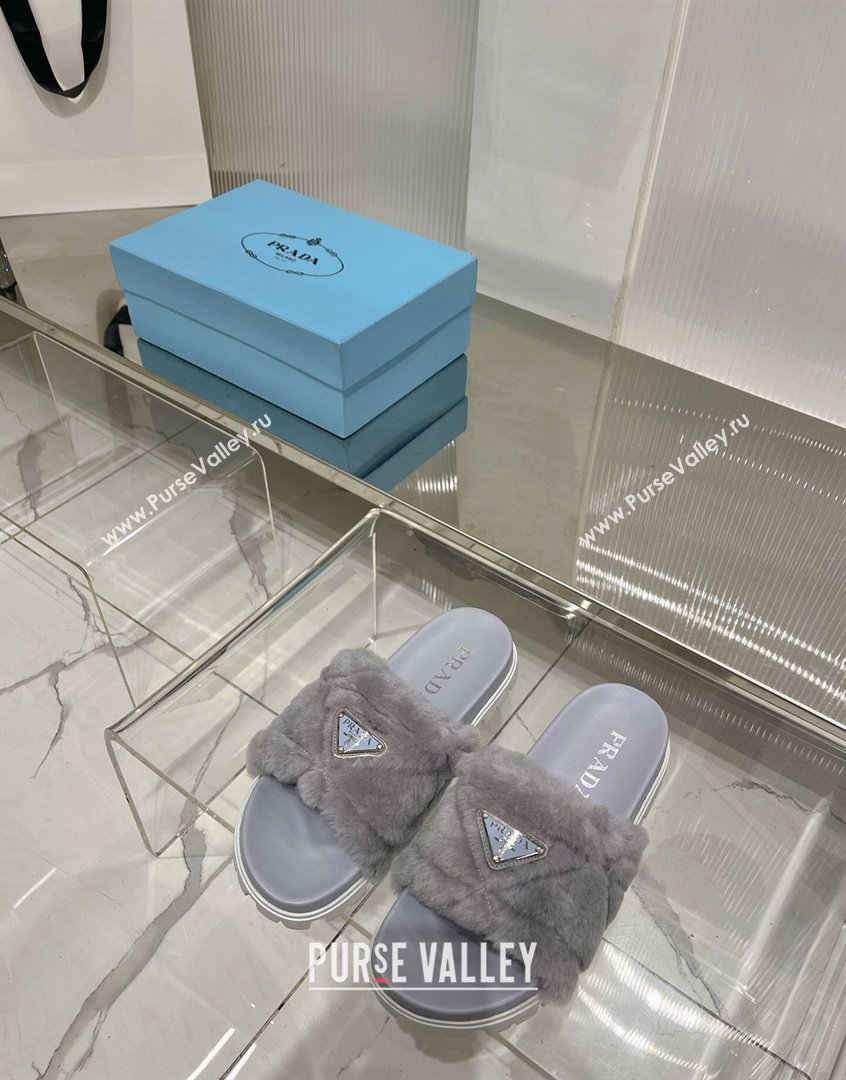 Prada Wool Flat Slide Sandals with Logo Grey 2023 PR09112 (ZN-230911106)