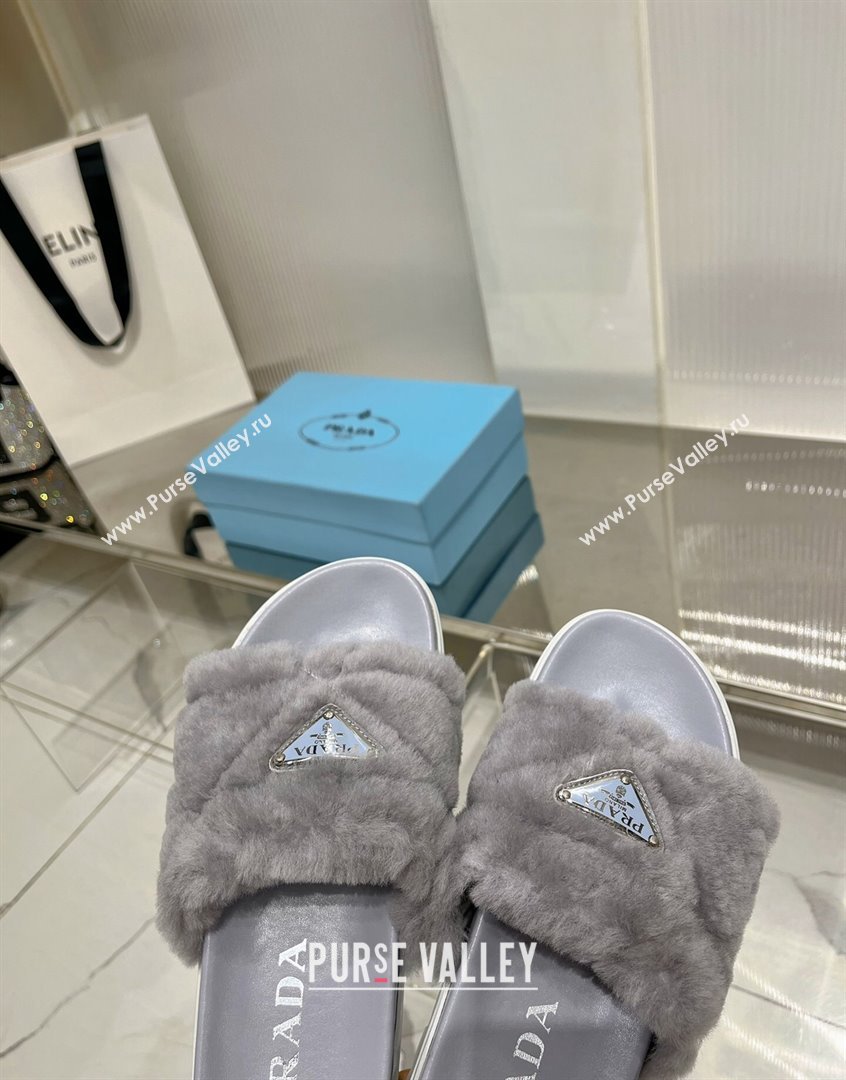 Prada Wool Flat Slide Sandals with Logo Grey 2023 PR09112 (ZN-230911106)