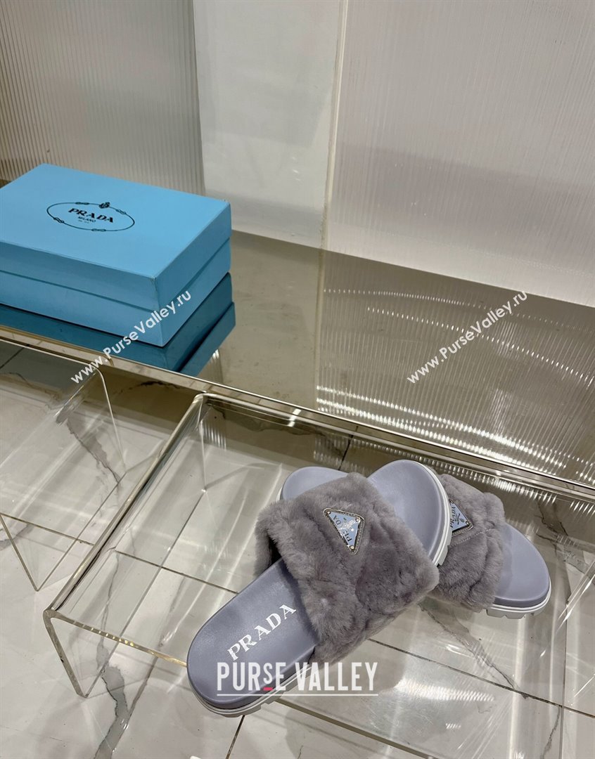 Prada Wool Flat Slide Sandals with Logo Grey 2023 PR09112 (ZN-230911106)