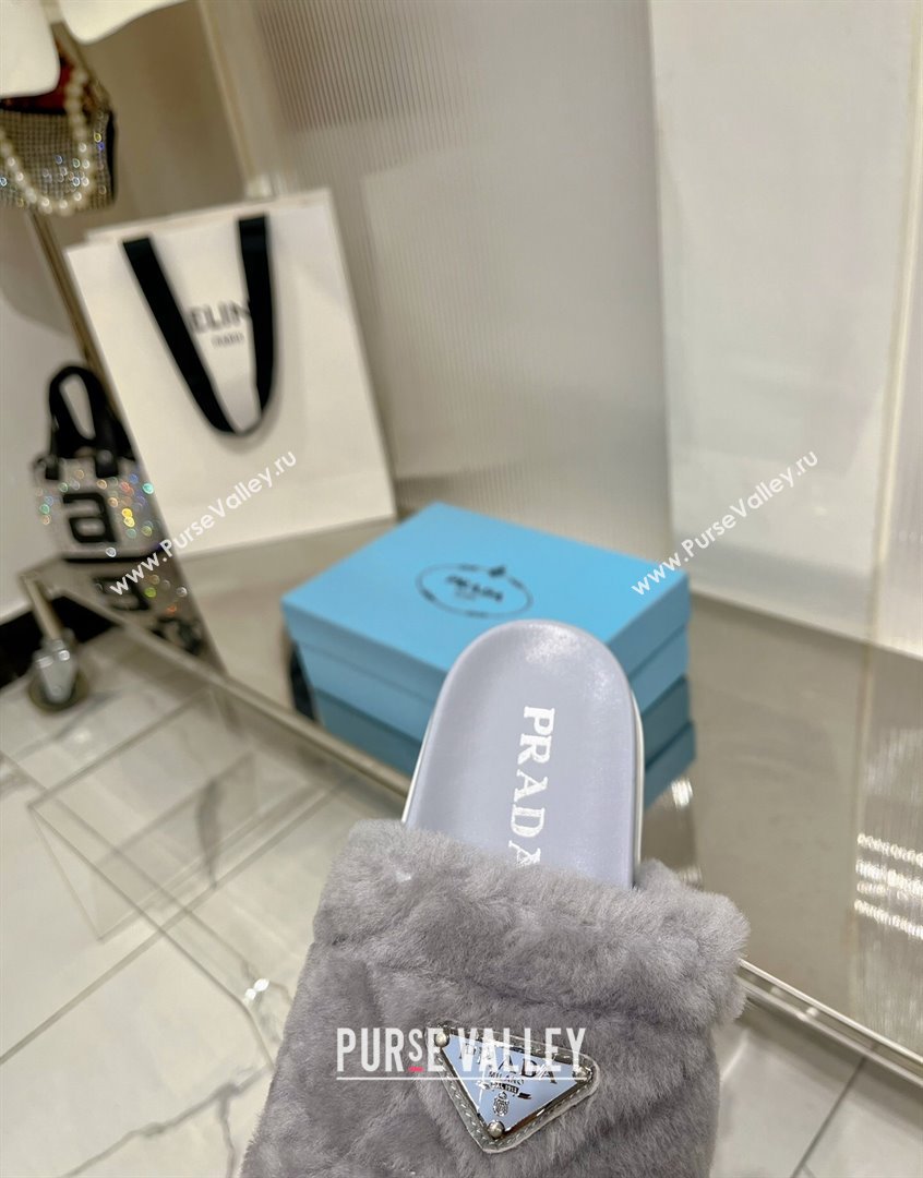 Prada Wool Flat Slide Sandals with Logo Grey 2023 PR09112 (ZN-230911106)