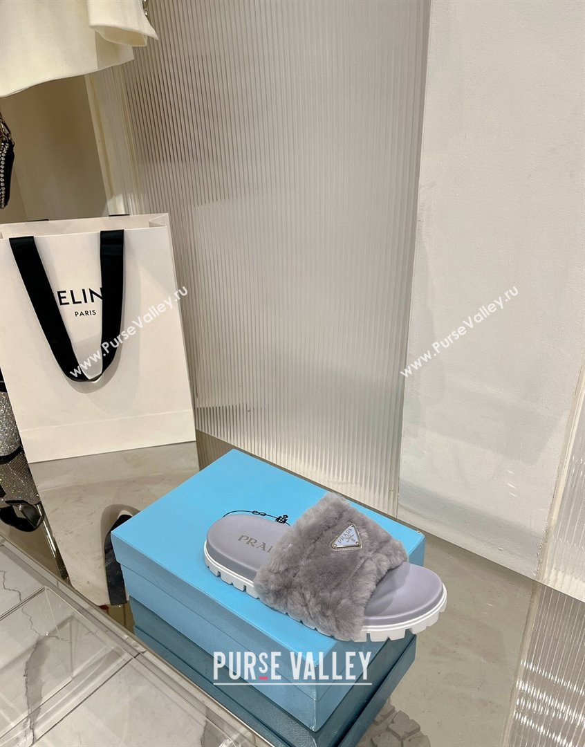 Prada Wool Flat Slide Sandals with Logo Grey 2023 PR09112 (ZN-230911106)