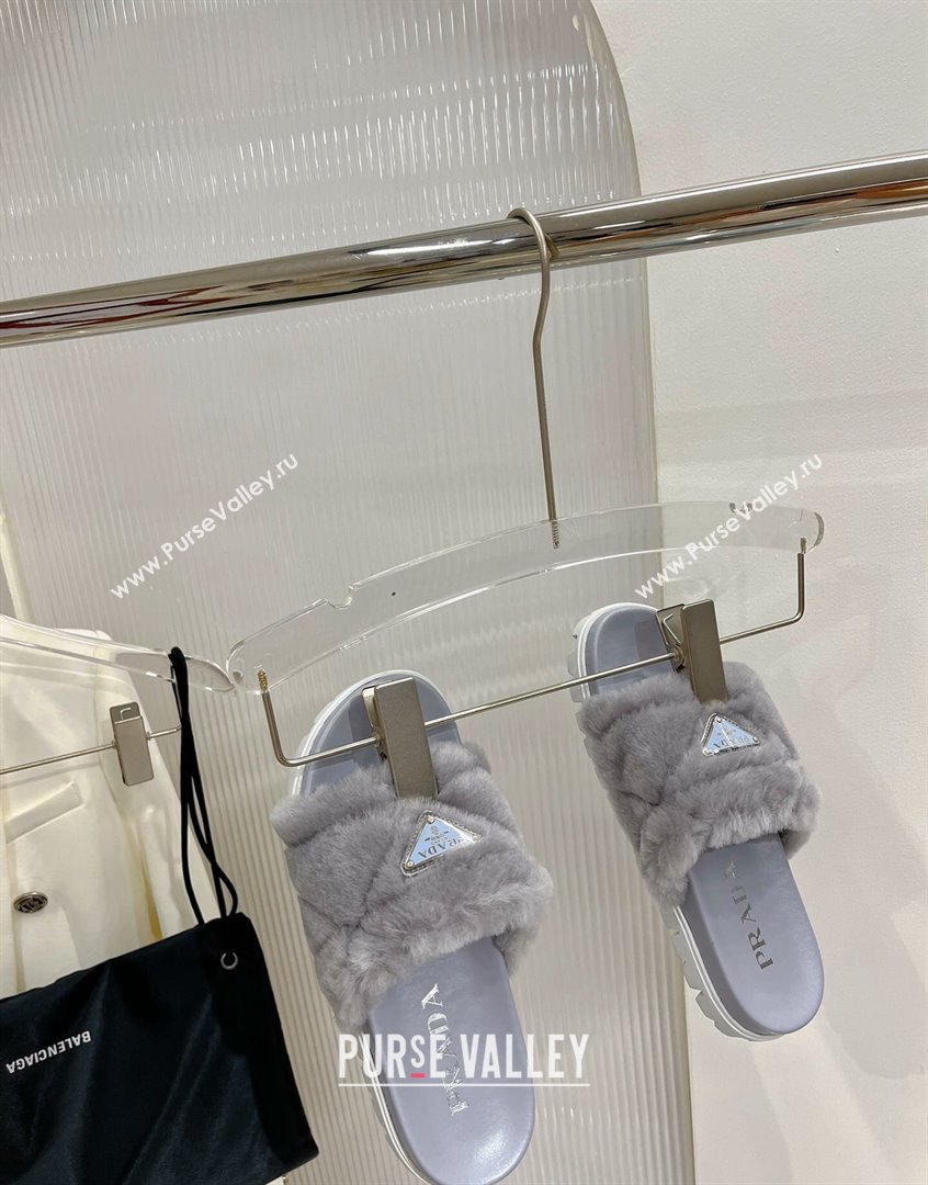 Prada Wool Flat Slide Sandals with Logo Grey 2023 PR09112 (ZN-230911106)