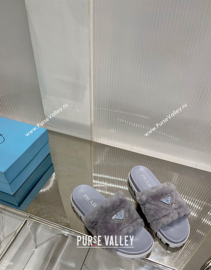 Prada Wool Flat Slide Sandals with Logo Grey 2023 PR09112 (ZN-230911106)